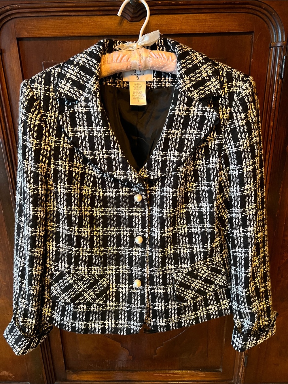Women's Vintage Versailles Black & White Tweed Blazer with Pearl-Style Button